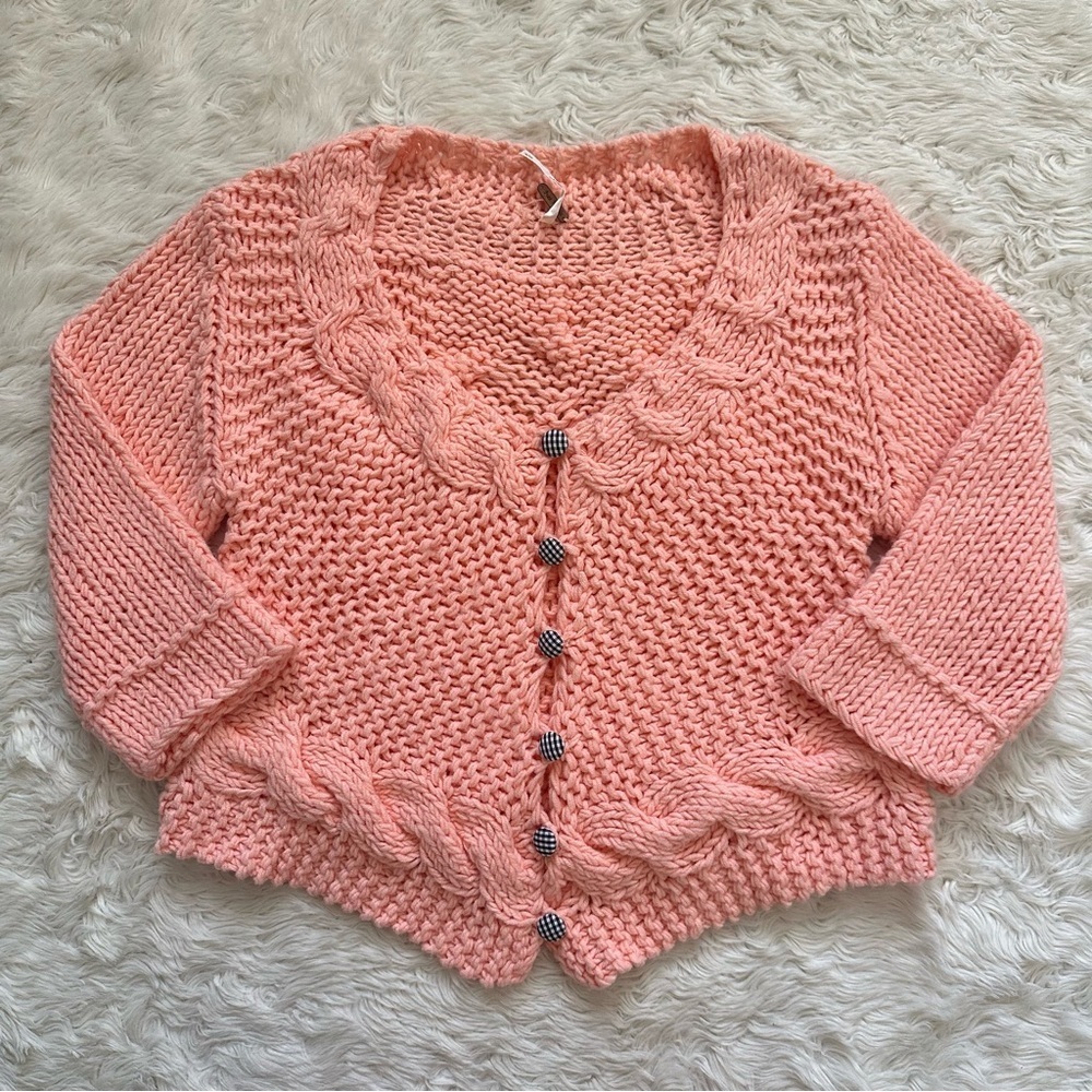 Free People Cardigan Knit Sweater Cropped Button Front 3/4 Sleeve Pink Sz S